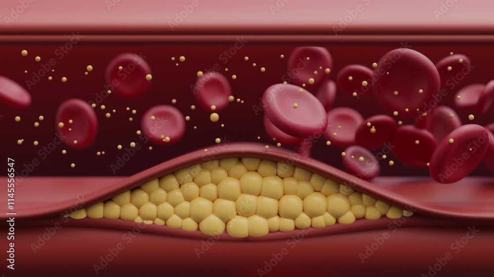 Cholesterol buildup in arteries, blocking blood flow, heart attack risk.