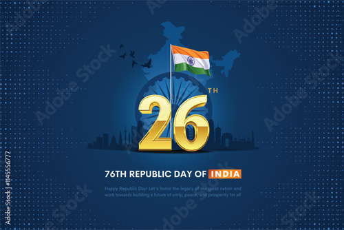 26 January - Happy Republic Day of India Banner Design. Indian 76th Republic Day Celebration with Indian Flag Waves and Text. Famous Indian Landmarks with Ashoka Chakra