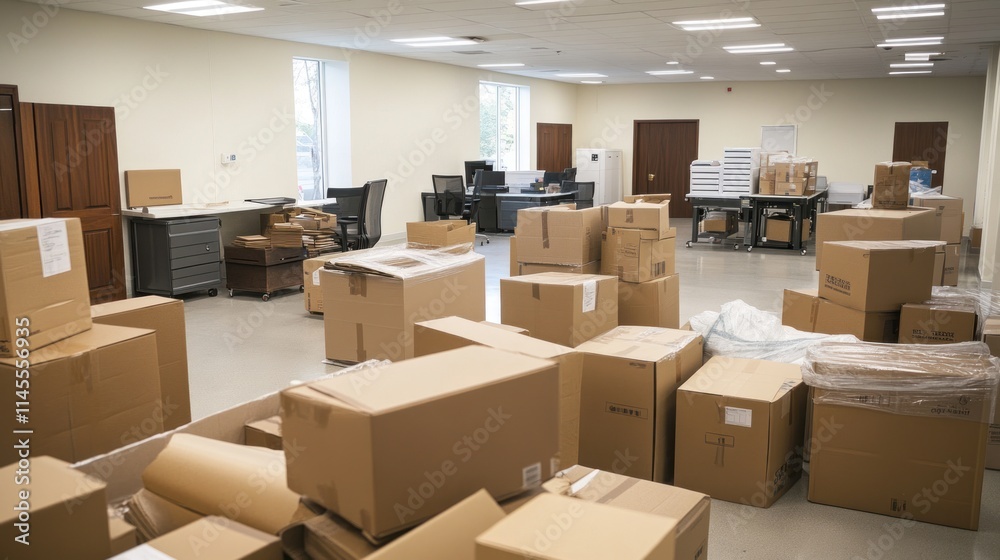 Office Relocation: Cardboard Boxes in Empty Office Space Office Relocation: Cardboard Boxes in Empty Office Space