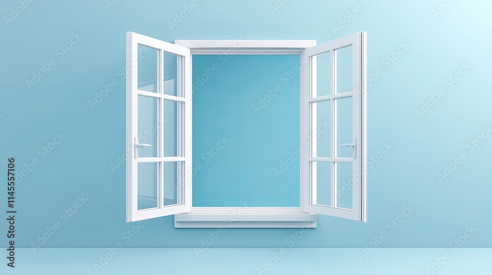 Vector illustration of a 3D window with a white frame, clear glass, and an open sash on hinges. Vector illustration of a 3D window with a white frame, clear glass, and an open sash on hinges.