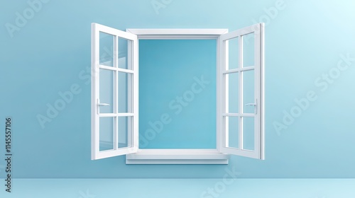 Vector illustration of a 3D window with a white frame, clear glass, and an open sash on hinges.