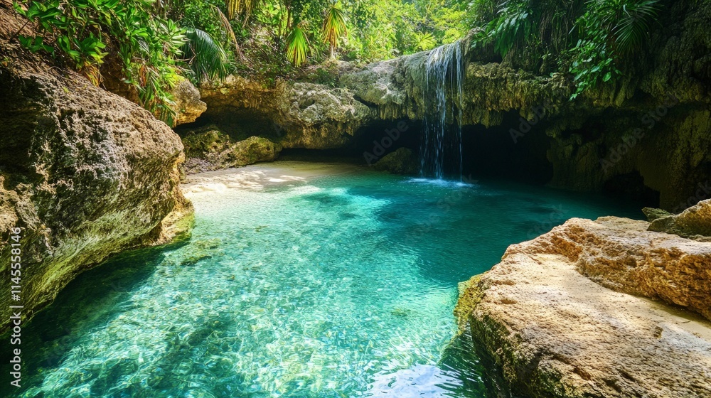 Naklejka premium Hidden Tropical Cove with Clear Turquoise Water and Waterfall