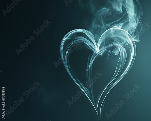 A fading heart outlined in light, transforming into swirling smoke, isolated on a gradient blue-to-black background, evocative and text-friendly