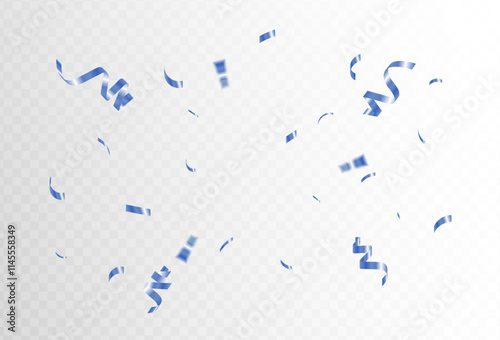 Confetti explosion on a transparent background. Shiny shiny blue paper pieces fly and spread around. vector illustration	