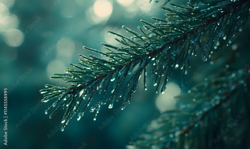 Fototapeta premium Dew-covered pine branch with bokeh background.
