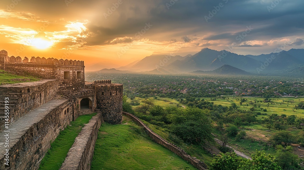 Naklejka premium Historic Fortress Overlooking Lush Green Valley at Sunset