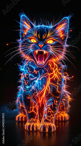 render of a fierce roaring kitten with a complex, intricate design. The kitten's glowing fur resembles translucent liquid fire glass in glowing neon red, neon orange, and neon blue.