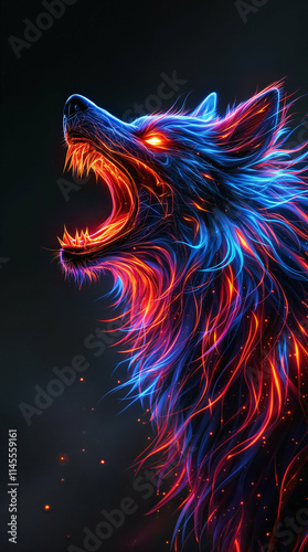 render of a fierce roaring wolf with a complex, intricate design. The wolf's glowing fur resembles translucent liquid fire glass in glowing neon red, neon orange, and neon blue.