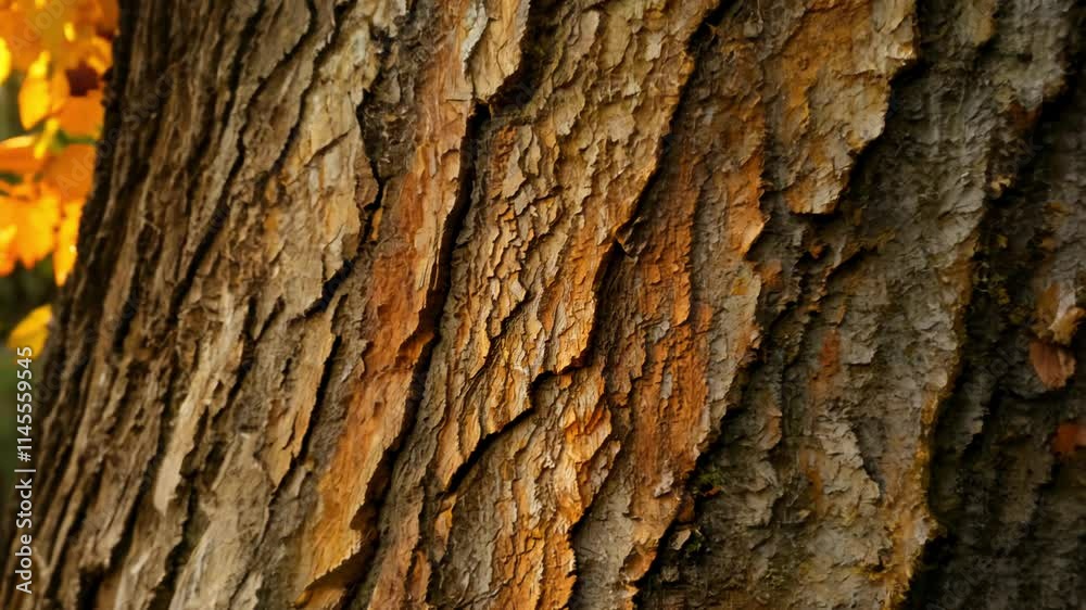 Golden hour video zooms in on tree bark with sunlit autumn leaves and shadows dancing across the surface Golden hour video zooms in on tree bark with sunlit autumn leaves and shadows dancing across the surface