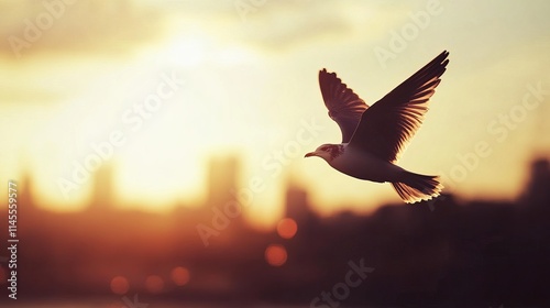 A bird soaring over the city.