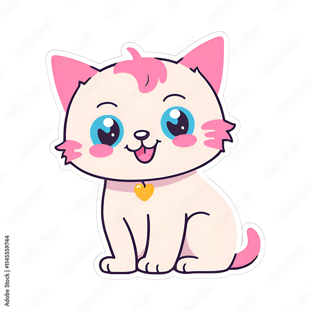 Charming cartoon cat with big blue eyes and pink accents, sitting happily with a playful expression. Perfect for children's products, stickers, and playful designs.