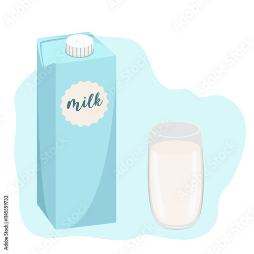 Vector set of milk packaging and glass. Milk drink logo isolated on white background.