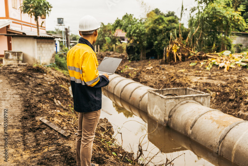 A male engineer inspects the installation of a large water pipe at a construction site, checking its quality to ensure proper functioning of the drainage system and adherence to standards photo