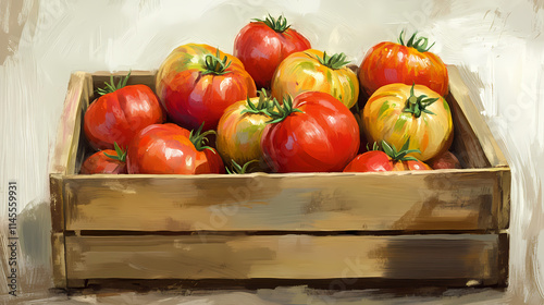 Wooden crate filled with organic heirloom tomatoes. Heirloom. Illustration