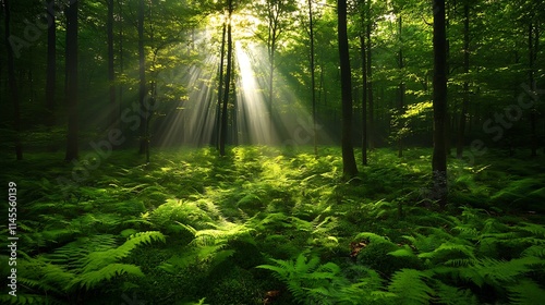 Sunlight piercing through a dense green forest canopy, casting dappled light on the forest floor with lush ferns and small plants visible below 