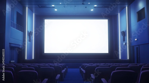 A blue movie theater with vacant chairs and a white blank screen. idea of pleasure, relaxation, and a movie theater. 