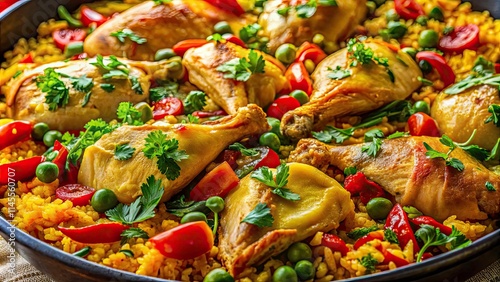 Long Exposure Photography: Close-Up Arroz con Pollo, Vibrant Colors, Delicious Food Photography,  High-Resolution Image, Culinary Art