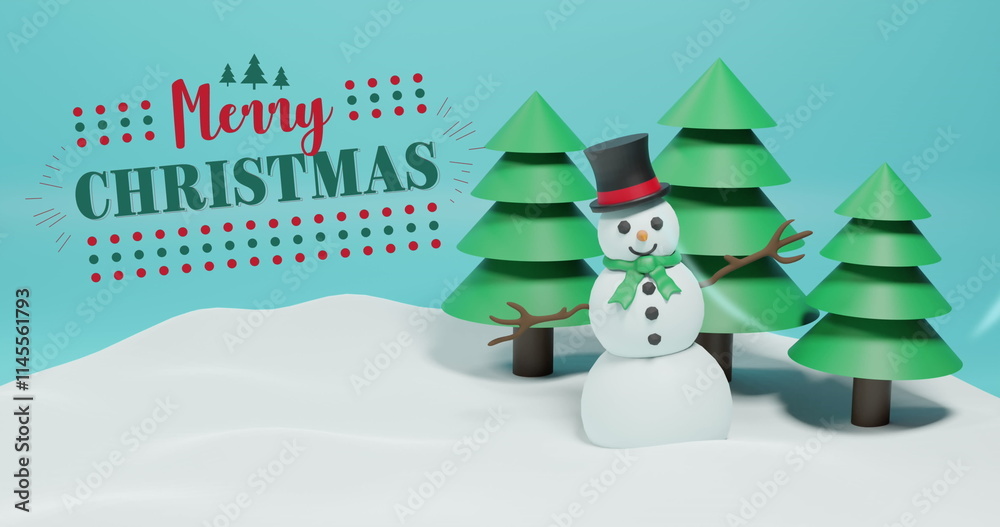 Image of christmas greetings text over snowman and trees on blue background Image of christmas greetings text over snowman and trees on blue background