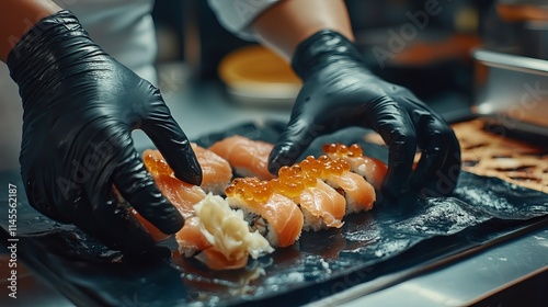 Close-up of sushi and roll preparation in a restaurant kitchen by a skilled chef wearing black gloves. traditional Japanese cuisine. the process of preparation.