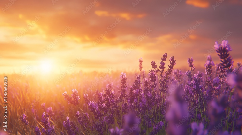 Fototapeta premium Serene Lavender Field at Sunset with Vibrant Colors and Soft Light