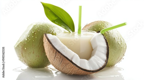 Isolated on a white backdrop are cool fresh coconut juice and water droplets. route clipping.