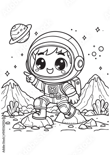 Coloring page design cute boy wearing space suit 