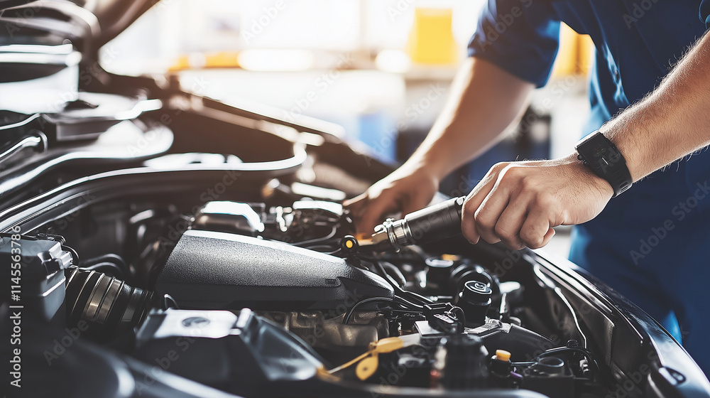 Mechanic in workshop inspecting car engine with flashlight, focusing on engine details, well-lit garage with tools and parts scattered around. Mechanic in workshop inspecting car engine with flashlight, focusing on engine details, well-lit garage with tools and parts scattered around.
