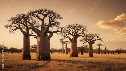 Stunning landscape with a line of majestic baobab trees silhouetted against a golden sunset sky.South African natural landscape for travel, nature and African-themed projects
