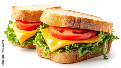 Slices of gouda on bread and a cheese sandwich are isolated against a white backdrop.