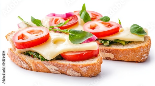 Slices of gouda on bread and a cheese sandwich are isolated against a white backdrop.