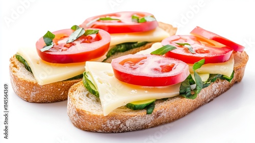 Slices of gouda on bread and a cheese sandwich are isolated against a white backdrop.
