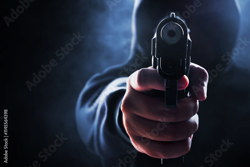Closeup of hooded man hand holding a gun on dark smoke background