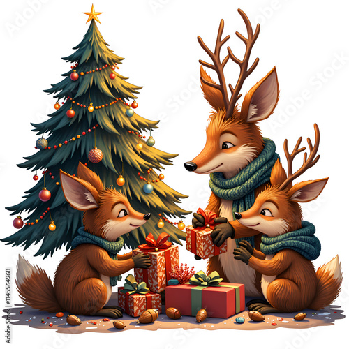 Charming fox family celebrating together under a decorated christmas tree with gifts galore, digital illustration of festive scene concept.