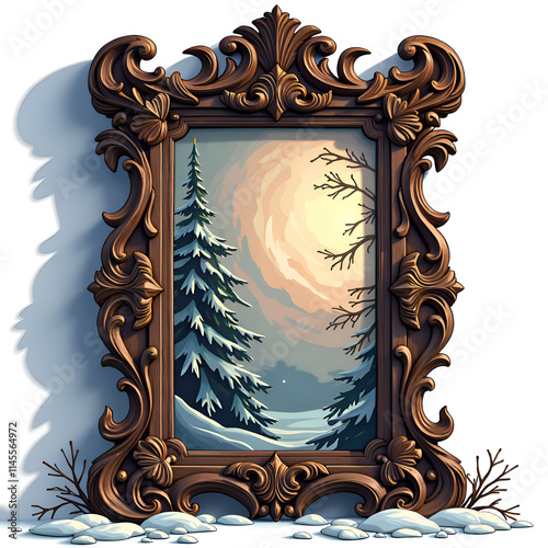 A majestic framed winter wonderland featuring snowy pines and a gentle moonlight glow, digital art of landscape concept.