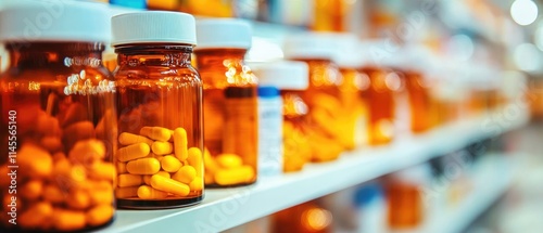 Wallpaper Mural A drug store with medicine bottles lined up beautifully on the shelves. on a blurred background Concept of selling medicines, medical supplies, dietary supplements, medical equipment Close-up Torontodigital.ca