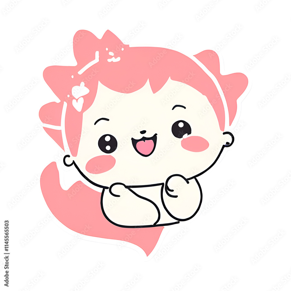 Charming cartoon girl with pink hair and a big smile, holding her hands joyfully. Perfect for children's products, stickers, and playful designs.