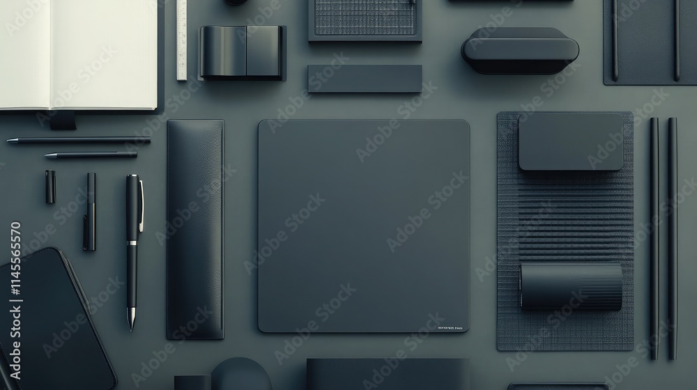 Elegant Arrangement of Black Office Supplies and Accessories on a Dark Background Showing Minimalist Design and Modern Workstation Organization Elegant Arrangement of Black Office Supplies and Accessories on a Dark Background Showing Minimalist Design and Modern Workstation Organization