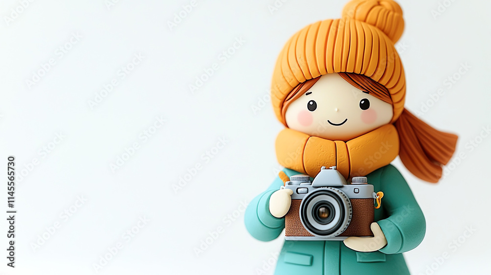 Naklejka premium 粘土細工風のカメラを持つ可愛い女性の3Dイラスト