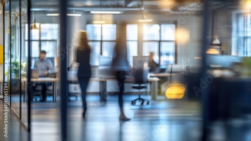 Bright business workplace with people in walking in blurred motion in modern office space