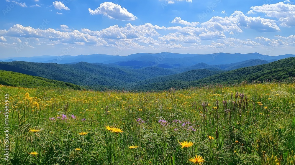 Fototapeta premium Lush Green Mountain Range Under Clear Blue Sky with Wildflowers