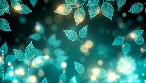 Luminous teal and silver botanical pattern with glowing leaves and soft bokeh, creating a whimsical and enchanting atmosphere for design projects
