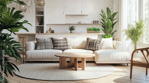Modular sofa, furniture, wooden coffee tables, plaid, cushions, tropical plants, and sophisticated personal items are all part of the contemporary, open-plan interior design.