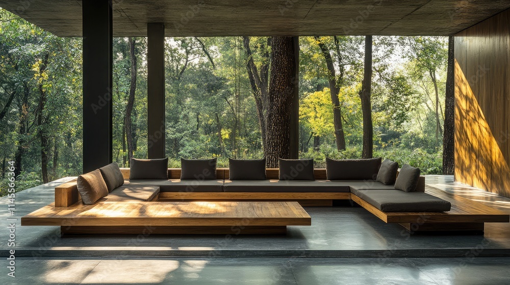 Fototapeta premium Modern Minimalist Living Space with Wooden Accents Surrounded by Lush Greenery and Floor-to-Ceiling Windows in Tranquil Outdoor Setting