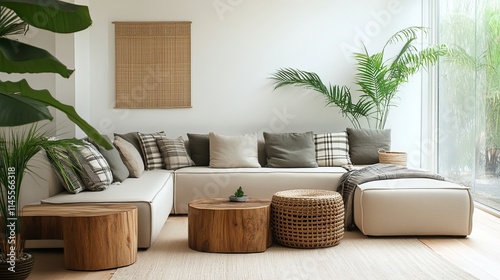 Modular sofa, furniture, wooden coffee tables, plaid, cushions, tropical plants, and sophisticated personal items are all part of the contemporary, open-plan interior design.