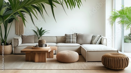 Modular sofa, furniture, wooden coffee tables, plaid, cushions, tropical plants, and sophisticated personal items are all part of the contemporary, open-plan interior design.