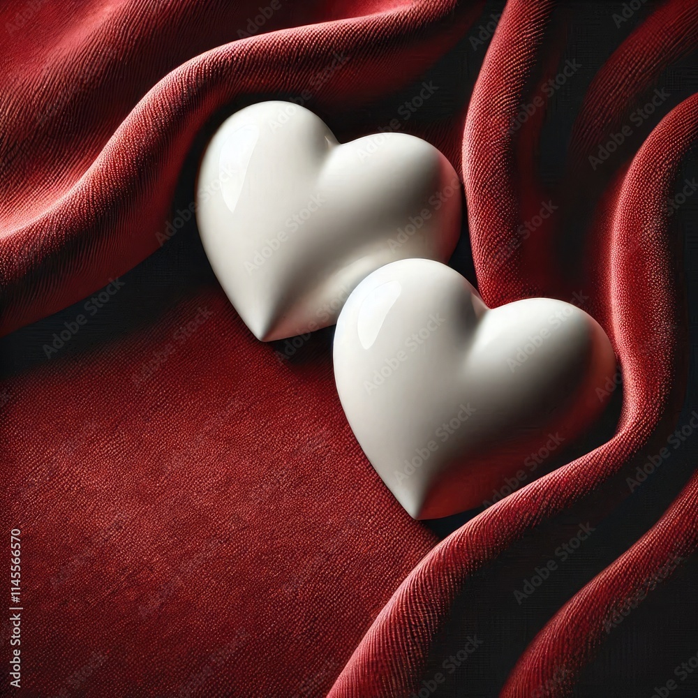 Fototapeta premium Two White Ceramic Hearts on Smooth Red Velvet Background