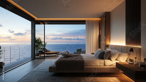 3D depiction of a modern bedroom with a view of the sea.