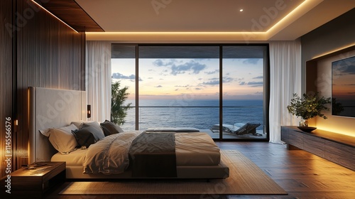 3D depiction of a modern bedroom with a view of the sea.