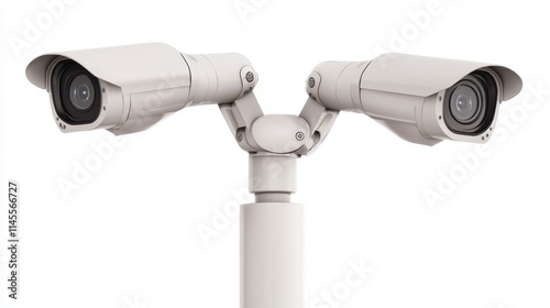 Two surveillance cameras mounted on a pole, designed for security monitoring in various environments. photo