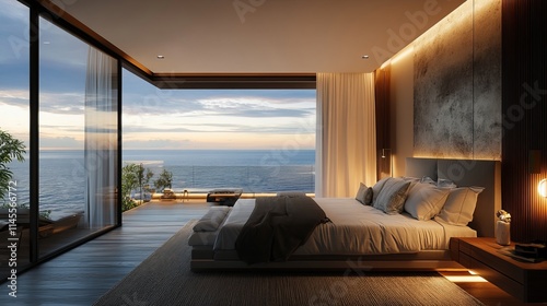 3D depiction of a modern bedroom with a view of the sea.